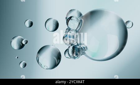 Dieses Bild zeigt eine Reihe von 3D-gerenderten Wasserblasen unterschiedlicher Größe, die in Luft vor einem weichen grauen Hintergrund schweben Stockfoto