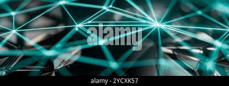 Diese eindrucksvolle 3D-Illustration zeigt ein komplexes Netzwerk aus miteinander verbundenen Linien und Knoten, die in leuchtendem Türkis vor einem schattigen Hintergrund leuchten Stockfoto