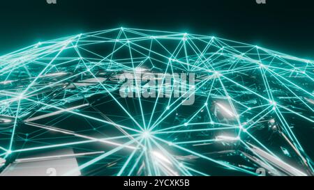 Diese 3D-gerenderte Abbildung zeigt ein komplexes Netzwerk aus miteinander verbundenen Datenknoten und -Links, die in einem lebhaften türkisfarbenen Farbton vor einem dunklen Hintergrund leuchten Stockfoto