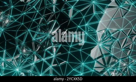 Eine digitale abstrakte 3D-Illustration, die ein komplexes Netzwerk aus miteinander verbundenen Linien und Knoten in einem leuchtenden grünen Farbton darstellt und eine Futuris unterstreicht Stockfoto