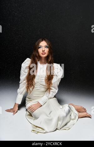 Eine anmutige junge Frau in einem weißen Kleid sitzt elegant und strahlt Schönheit aus. Stockfoto