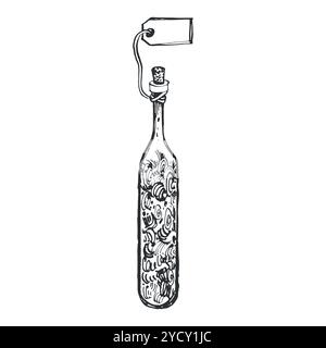 Halloween. Reagenzglas mit Trank und Etikett, handgezeichnet mit schwarzer Tinte auf Papier. Vektorabbildung. Geeignet zum Bedrucken auf Papier, Stoff, für Stock Vektor