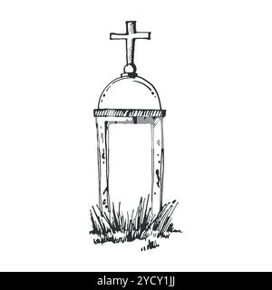 Grabstein mit Kreuz, Friedhof. Grabstein mit Kreuz, handgezeichnet mit schwarzer Tinte. Mystik, Halloween-Illustration. Zum Bedrucken geeignet Stock Vektor