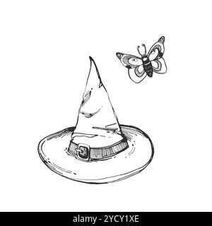 Hexenhut und NachtSchmetterling für Halloween, Hand gezeichnet in schwarzer Tinte und auf Vektor übertragen. Vektor-Illustration für Halloween. Geeignet für Stock Vektor