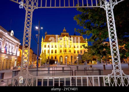 Ljubljana Square und Wahrzeichen abend Panoramaaussicht Stockfoto