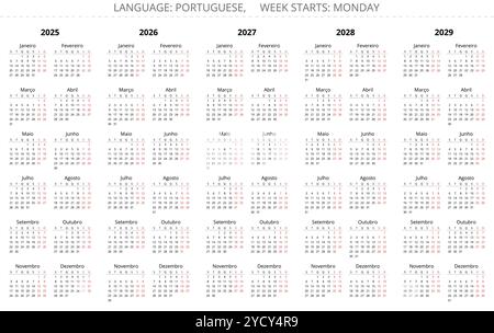 portugiesische Jahreskalender 2025, 2026, 2027, 2028, 2029. Vektor-Illustration Set für Portugal Stock Vektor