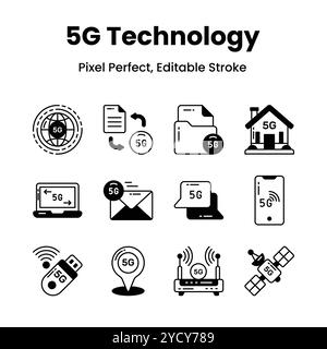 Revolutionieren Sie Ihre Designs mit unseren 5G-Netzwerk-Icons inspirieren Sie zu Innovationen und vermitteln Sie mit einer kuratierten Kollektion von fortschrittlichen Technologien das wesentliche Stock Vektor