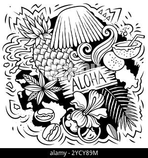 Hawaii Cartoon-Vektor-Doodle-Design. Skizzenhafte, detaillierte Komposition mit vielen hawaiianischen Objekten und Symbolen Stock Vektor