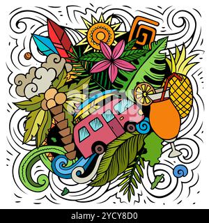 Hawaii Cartoon Vektor Doodle Design. Farbenfrohe, detailreiche Komposition mit vielen hawaiianischen Objekten und Symbolen. Alle Elemente sind getrennt Stock Vektor