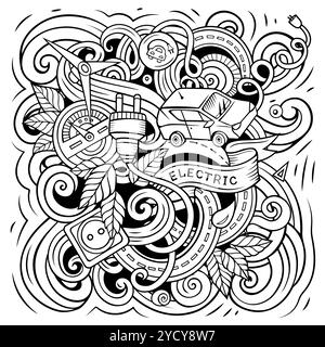 Elektrische Autos Cartoon Vektor Kritzeldesign. Linienkunst detaillierte Komposition mit vielen Öko-Transportobjekten und Symbolen Stock Vektor