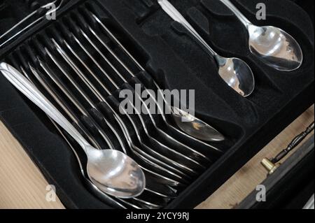 Nahaufnahme einer Sammlung von Löffeln aus Edelstahl, die in einem schwarzen Aufbewahrungskoffer angeordnet sind und polierte Utensilien hervorheben. Stockfoto