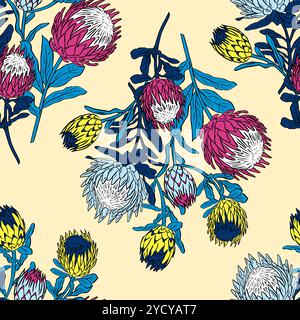 Nahtloses Muster mit farbenfrohen Linien-Kunst-Protea-Blumen auf beigefarbenem Hintergrund Stock Vektor