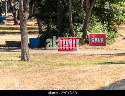 Georgetown, TX – 24. Oktober 2024: Straßenschilder und Plakate für Trump Vance und Ted Cruz zur Wahl in Texas Stockfoto