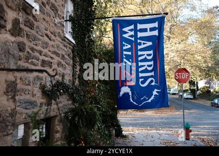 Philadelphia, Usa. Oktober 2024. Wahlkampfsänge, Kürbisse und Skelette schmücken die Rasenflächen im Nordwesten der Stadt, während die Wahlkampagne für die US-Präsidentschaftswahlen am 24. Oktober 2024 in Philadelphia, PA, USA, endet. Credit: OOgImages/Alamy Live News Stockfoto