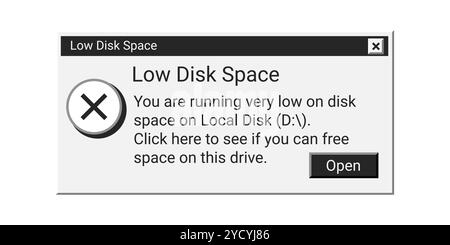 Meldung zu wenig Festplattenspeicher in schwarzer Farbe. Benachrichtigung über altes Fehlerfenster. Stock Vektor