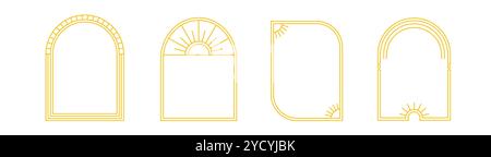 Goldene Bögen mit Sonnenschmuck und Mustern. Bögen für den Innenraum mit solarem Muster Stock Vektor