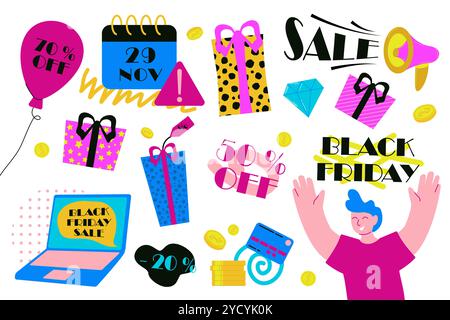 Set mit schwarzen Elementen für den freitag in Cartoon. Shopping, Rabattkonzept. Aktionsset bietet Vektorillustration, die auf Hintergrund isoliert ist Stock Vektor