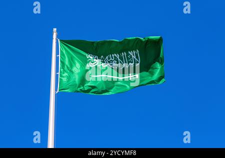 Die Flagge Saudi-Arabiens winkt im Wind gegen den Himmel Stockfoto