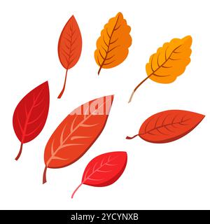 Satz von herbstgelben trockenen Blättern des Vektors. Clipart ist auf weißem Hintergrund. Isolierte flache Illustration mit braunen Pflanzen zum Design, Grußkarte, Banner Stock Vektor
