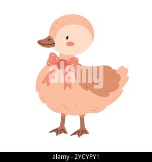 Niedliche Cartoon-Ente mit Schleife im Vintage-Stil in pastellbraunen beigen Farben. Stock Vektor