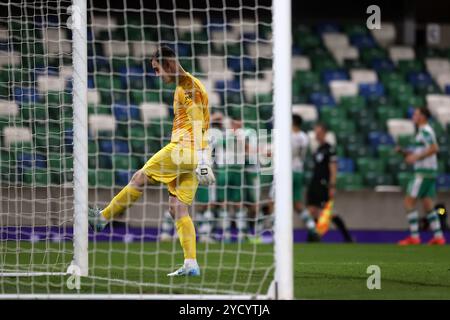 Larne Torhüter Rohan Ferguson reagiert darauf, nachdem er das vierte Tor des Spiels während des Gruppenspiels der UEFA Europa Conference League im Windsor Park in Belfast, Nordirland, erzielt hat. Bilddatum: Donnerstag, 24. Oktober 2024. Stockfoto