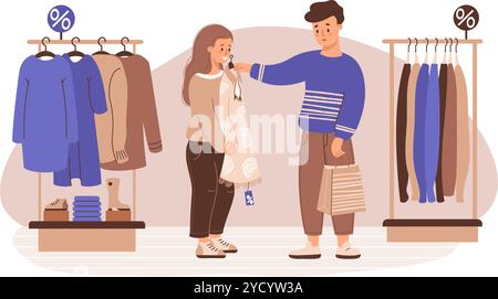 Einkaufen. Saisonaler Verkauf im Geschäft. Niedliche Käuferinnen, Mann und Mädchen, probieren ein modisches Kleid an. Vektorabbildung. Weihnachtseinkäufer Charakter, Kauf n Stock Vektor