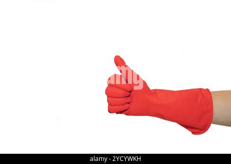 Wie das Abzeichen eines roten Gummihandschuhs. Ziehen Sie das Symbol mit dem Finger nach oben. Isoliert über weißem Hintergrund Stockfoto