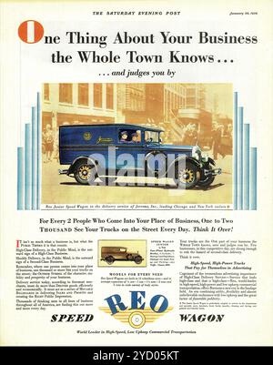 REO Junior Speed Wagon Vintage Magazin Advertising for American Trucks Wagon, 1929 Stockfoto