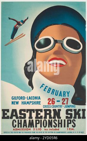 Vintage American Sports Event Poster: Eastern Ski Championships, New Hampshire. Zeigt Ski-Jumper von Joe Leibow, 1935 Stockfoto