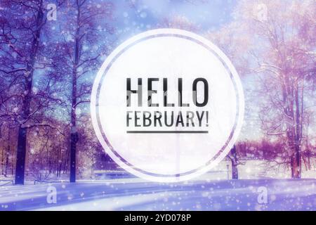 Hallo Februar Foto. Mit Beginn des neuen Jahres. Grußkarte. Hallo, Februar Stockfoto