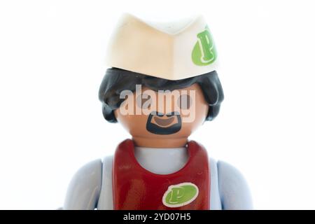 Extreme Nahaufnahme oder Makrofoto einer männlichen Figur von playmobil. Stockfoto