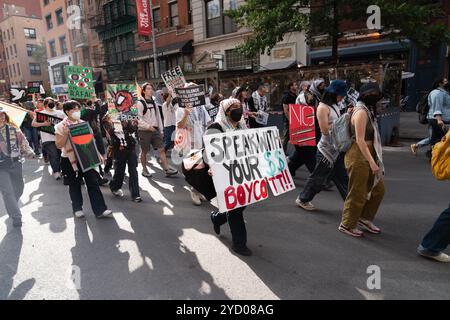 Pro-palästinensischer marsch geht auf den Broadway in New York City. Große Demonstration und demonstration durch Manhattan durch Studenten und andere, die sich entschieden gegen die Zerstörung des Gazastreifens durch die israelische Armee und die Ermordung Tausender palästinensischer Bürger aussprechen. Stockfoto