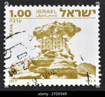 Gestempelte Briefmarke, gedruckt von Israel, die Arava zeigt, um 1977. Stockfoto