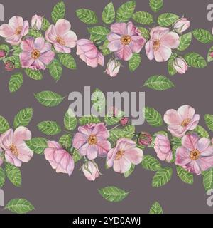 Rosa Canina Blüten, Hagebuttenknospen und Blätter auf weichem lila Hintergrund. Nahtloses Clipart mit Aquarellmuster. Ideal für Stoffdesign, Heimtextilien oder Bastelprojekte mit Blumenarrangements Stockfoto