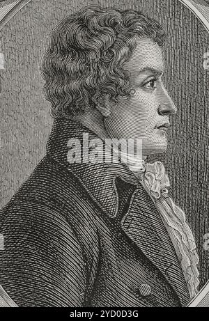 Antoine Christophe Merlin (1762–1833), bekannt als Merlin de Thionville. Französischer Politiker. Am 4. September 1791 wurde er zum Abgeordneten des Departements Mosel in die Legislative Assembly gewählt. Im September 1792 wurde er zum Abgeordneten der Mosel zum Nationalkonvent gewählt. Er nahm an der Thermidorianischen Reaktion Teil, die zum Sturz Robespierres führte, und wurde am 31. Juli 1794 in das Komitee für Allgemeine Sicherheit berufen. Mitglied des Rates der Fünfhundert unter dem Direktorium. Hochformat. Gravur. "Geschichte der Französischen Revolution". Band I, 1876. Stockfoto