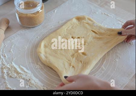 Backzutaten zum Backen von süßen Brötchen kneten Frauenhände den Teig auf einer Silikonmatte Stockfoto