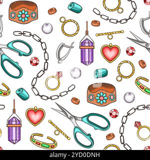 Handgefertigtes nahtloses Muster. Werkzeuge, Schmuck und Perlen für die Schmuckherstellung. Handgezeichneter Hintergrund mit Kritzeleien. Stockfoto