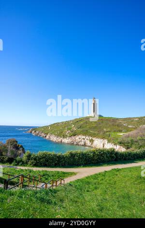 Herkules-Turm, römischer Leuchtturm und Lapas-Strand, La Coruña, Galicien, Spanien Stockfoto