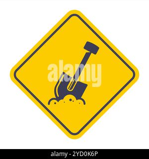 Icon grabt ein Loch mit einer Schaufel. Schwarzes Symbol für ein Straßenschild: Straßenarbeiten werden mit Vorsicht durchgeführt. Stock Vektor