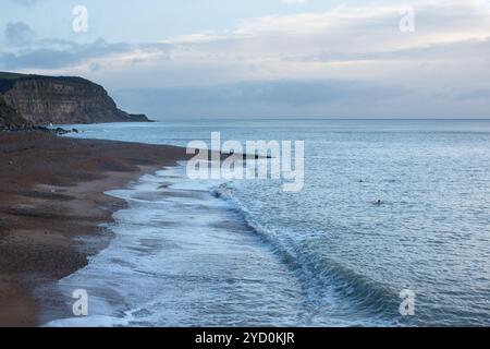 Ruhige Küstenlinie am Rock-a-Nore Beach in Hastings, mit ruhigen Wellen und weit entfernten Winterschwimmern unter bewölktem Himmel. Stockfoto