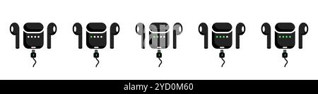 Schwarze Kopfhörer mit Aufbewahrungstasche. Sammlung von Kopfhörerladegeräten. Bluetooth-Kopfhörer. Headset-Symbol. Telefongerät. Stock Vektor