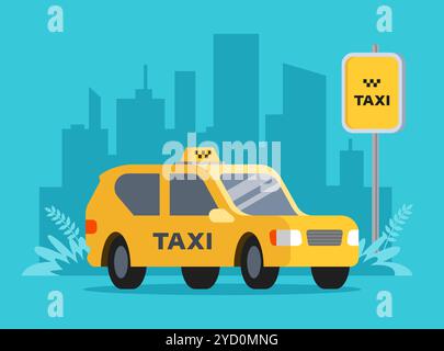 Gelbes Passagiertaxi für Stadtfahrten. Taxistopp-Schild. Stock Vektor
