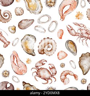 Nahtloses Meeresfrüchte-Muster auf schwarzem Hintergrund. Handgezeichnete Garnelen, Hummer, Krabben, Muscheln, Lachs für Designtapeten, Druck, Menü. Mediterran Stockfoto