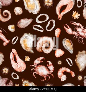 Nahtloses Meeresfrüchte-Muster auf schwarzem Hintergrund. Handgezeichnete Garnelen, Hummer, Krabben, Muscheln, Lachs für Designtapeten, Druck, Menü. Mediterran Stockfoto