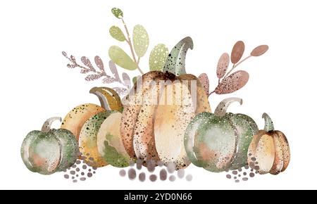 Aquarell Kürbisse Cartoon Illustration. Handgezeichnetes Herbstgemüse, Obst zum Design für Halloween-Karte, Menü. Feiert Cucurbits Stockfoto