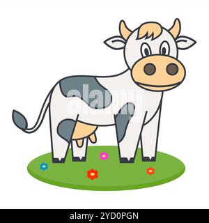 Niedlicher Charakter einer Kuh auf einer Wiese, die Gras isst. Tier auf dem Land. Stock Vektor