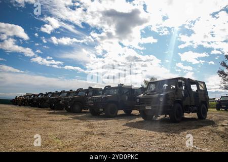 Italienische Einsatztruppe und Soldaten der multinationalen Spezialeinheit, die am 9. Oktober 2024 dem NATO-geführten KFOR-Kontrolltraining in Camp Villaggio, Peja/Peje, Kosovo zugewiesen wurden. (Foto der Nationalgarde der US-Armee von SPC. Sade Simmons) Stockfoto