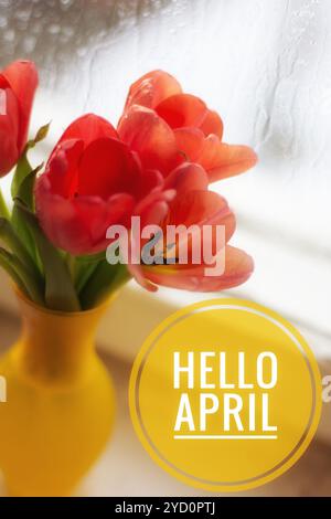 Banner hallo April. Hallo Frühling. Hallo April. Karte Willkommen Wir warten auf den neuen Frühling Monat. Der zweite Monat des Frühlings. Stockfoto