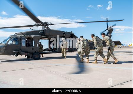 944th Fighter Wing Reserve Citizen Airmen und Arizona Army National Guard Personal bereiten sich darauf vor, einen simulierten Patienten in einen UH-60 Black Hawk Hubschrauber während des Medevac Trainings am Goodyear Phoenix Airport, Goodyear, Ariz, zu laden, 19. Oktober 2024. Die gemeinsame Übung gewährleistet die Bereitschaft für anstehende Missionen wie die Übung Desert Hammer 25-1 im November. (Foto der U.S. Air Force von Senior Airman Alexis Orozco) Stockfoto