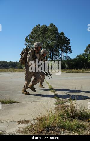 Rekruten mit Hotel Company, 2. Rekruten-Ausbildungsbataillon, führen den Schmelztiegel auf Marine Corps Recruit Depot Parris Island, 18. Oktober 2024. Der Tiegel ist ein 54-stündiger Betrieb, bei dem die Ausdauer, Stärke, Beweglichkeit und Wissen eines Rekruten durch eine Reihe von Zielen getestet werden. (Foto des U.S. Marine Corps von Lance CPL. Katrina Wallace) Stockfoto